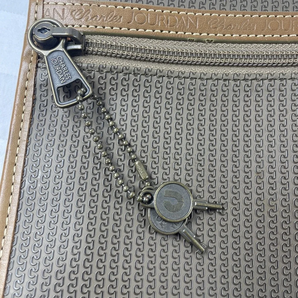 Charles‎ Jourdan Brown Clutch Pouch Bag w Lock Keys Magnetic Zip Closure Japan